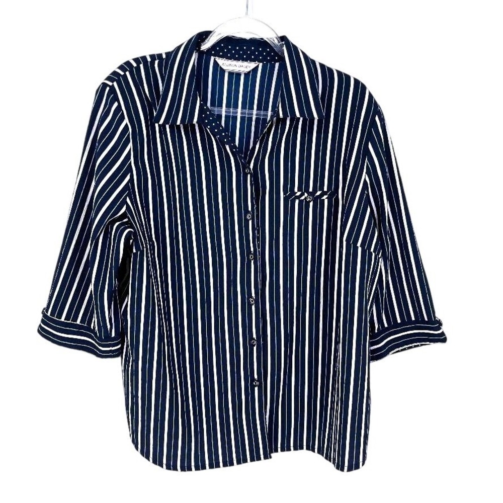 Navy White Striped Womens 2X Button Front Blouse Roll Tab Sleeve Pocket Coastal